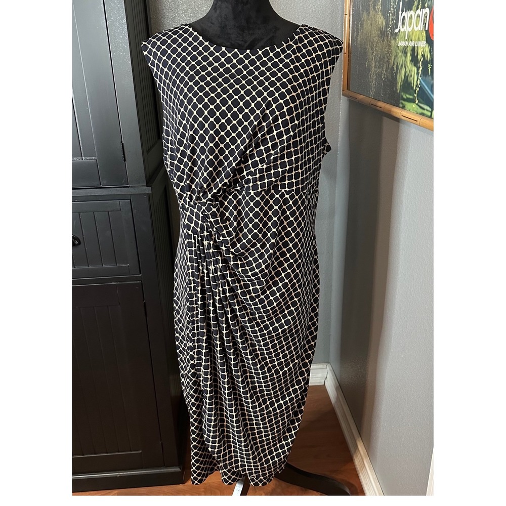 Enfocus Sheath Dress 18W Navy Blue‎ Geometric Ruched Plus Stretch Office Career